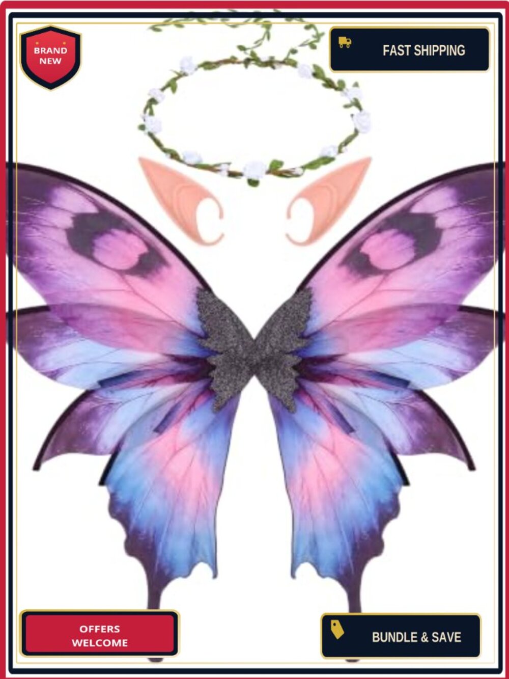 Fairy Wings Elf Ears Flower Crown Set Adult Costume Accessories Cosplay